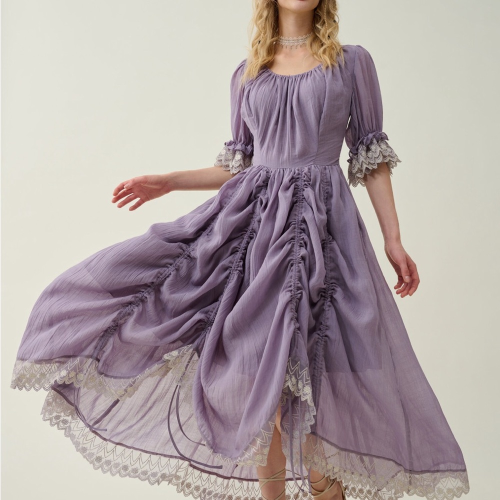 Lilac Vintage-Inspired Maxi Dress with Lace Trim Renaissance Fair Ren Fest - Picture 4 of 6